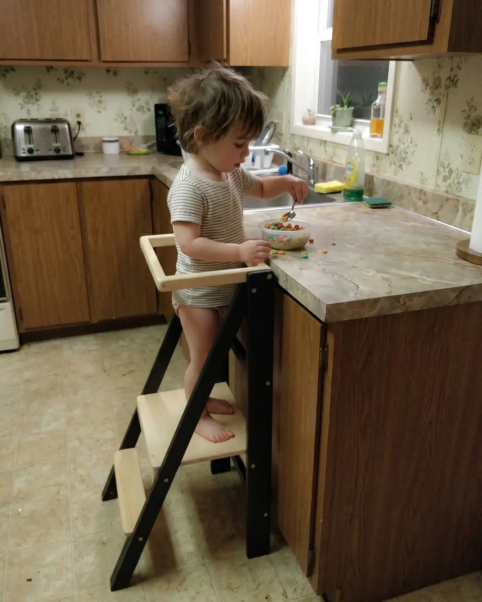 Child using a black wooden Barin Toys Slim learning tower while helping in the kitchen